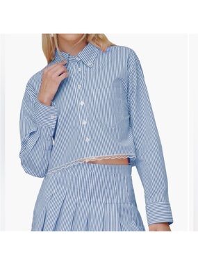 Avec Les Filles Blue Striped Lace Trim Crop Button-Down Shirt Size L NWT!